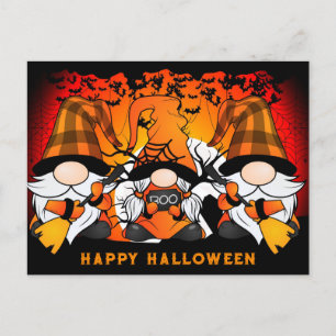 Cute Happy Halloween Gnome Orange Plaid Postcard