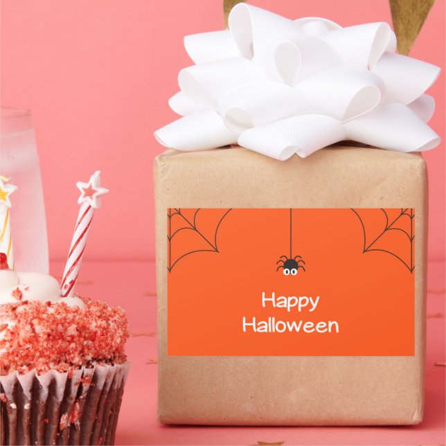 Cute Happy Halloween Hanging Spider with Web Rectangular Sticker (Party)