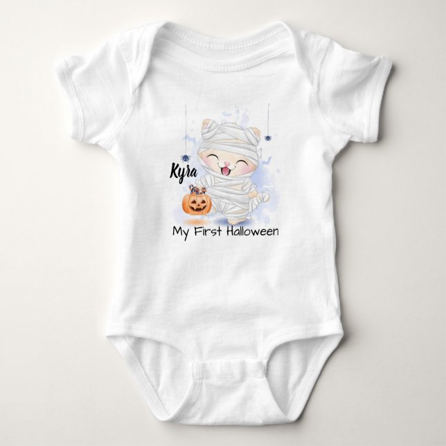 Cute Happy Halloween Mummy Kitten and Pumpkin Baby Bodysuit (Front)