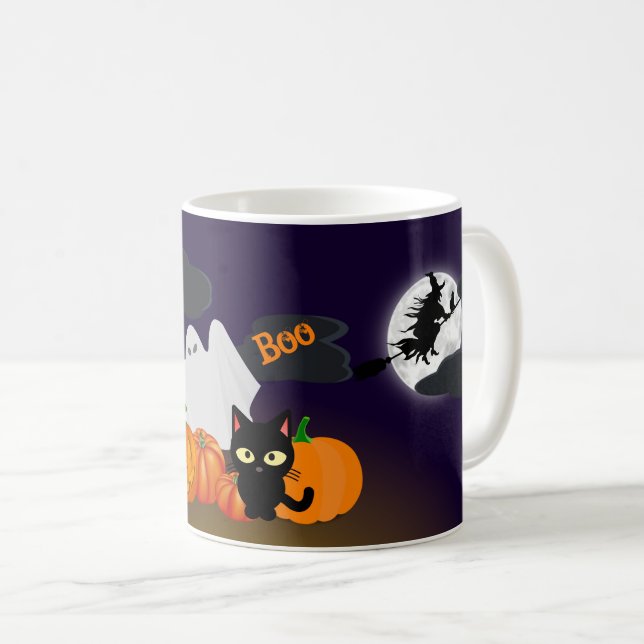 Cute Happy Halloween Pumpkin and Black Cat Coffee Mug (Front Right)