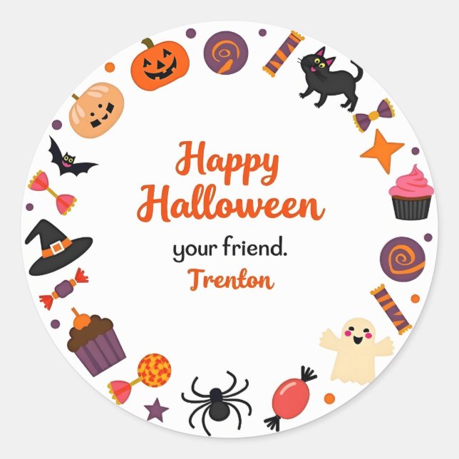 Cute Happy Halloween Sticker with Candy and Ghost (Front)