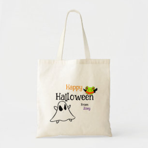Cute Happy Halloween Tote Bag with ghostie & frog