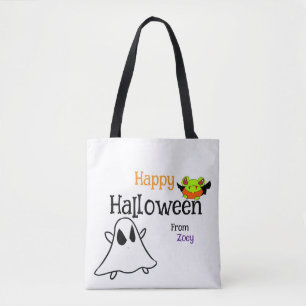 Cute Happy Halloween Tote Bag with ghostie & frog