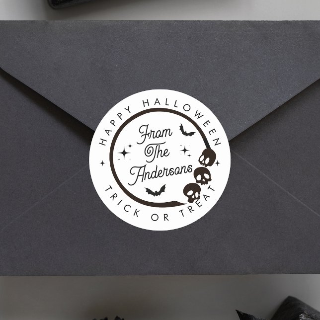 Cute Happy Halloween Trick or Treat Skeletons Bats Classic Round Sticker (Creator Uploaded)