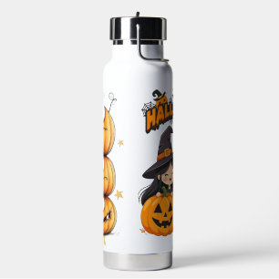Cute Happy Halloween Witch and ghost with pumpkin Water Bottle