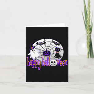 Cute Happy Halloween With Spider Web Black Cat Bat Card