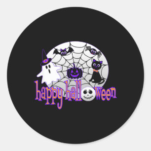 Cute Happy Halloween With Spider Web Black Cat Bat Classic Round Sticker