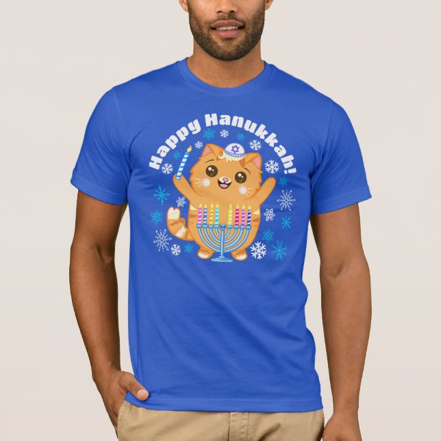 Cute Happy Hanukkah, Hanucat Menorah T-Shirt (Front)