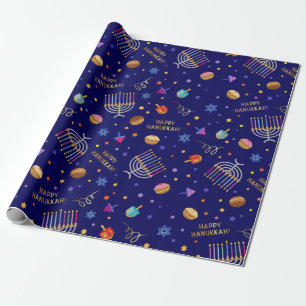 Cute Happy Hanukkah Star Of David Menorah Pattern Wrapping Paper