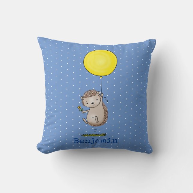 Cute happy hedgehog with balloon illustration cushion (Front)