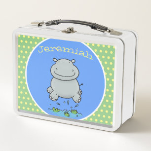 Cute happy hippo cartoon illustration metal lunch box