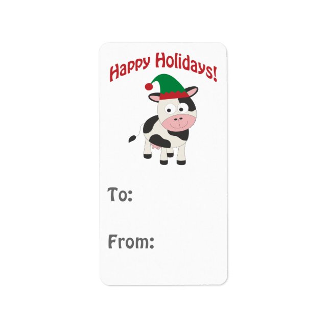 Cute Happy Holidays Christmas Elf Cow Label (Front)