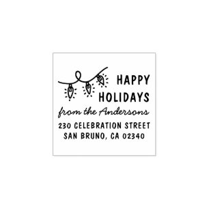 Cute Happy Holidays Christmas Lights Name Address Rubber Stamp
