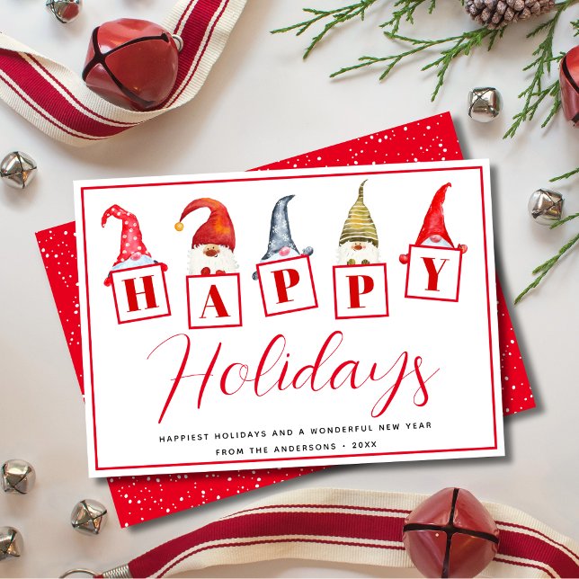 Cute Happy Holidays Gnomes Signs Red Holiday Card (Creator Uploaded)