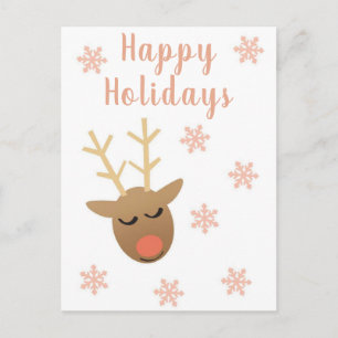 Cute Happy Holidays Reindeer Pink Gold Postcard