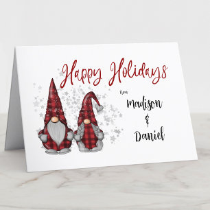 Cute Happy Holidays Rustic Gnome Red Buffalo Plaid Holiday Card