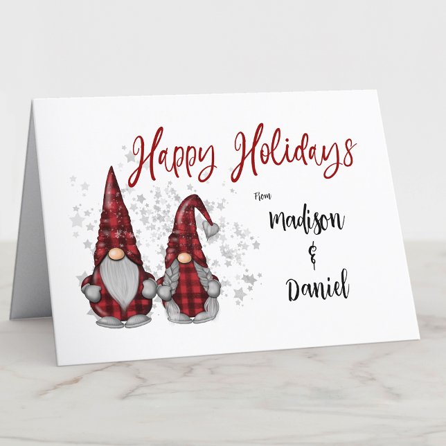 Cute Happy Holidays Rustic Gnome Red Buffalo Plaid Holiday Card (Creator Uploaded)