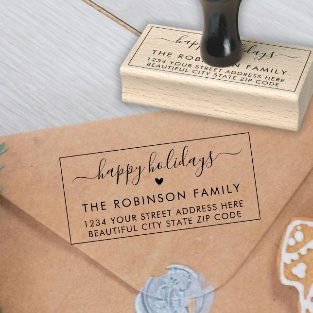 Cute Happy Holidays Script Heart Return Address  Rubber Stamp (Creator Uploaded)