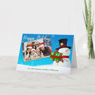 Cute Happy Holidays Snowman With a Gift Your Photo Holiday Card