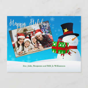 Cute Happy Holidays Snowman With a Gift Your Photo Postcard
