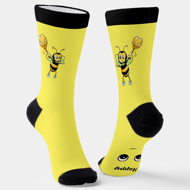 Cute Happy Honeybee on Black & Yellow Crew Socks (Angled)