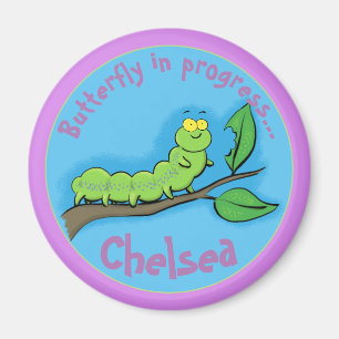Cute happy hungry green caterpillar cartoon magnet