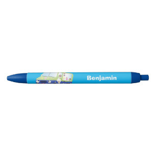 Cute happy ice cream truck cartoon black ink pen