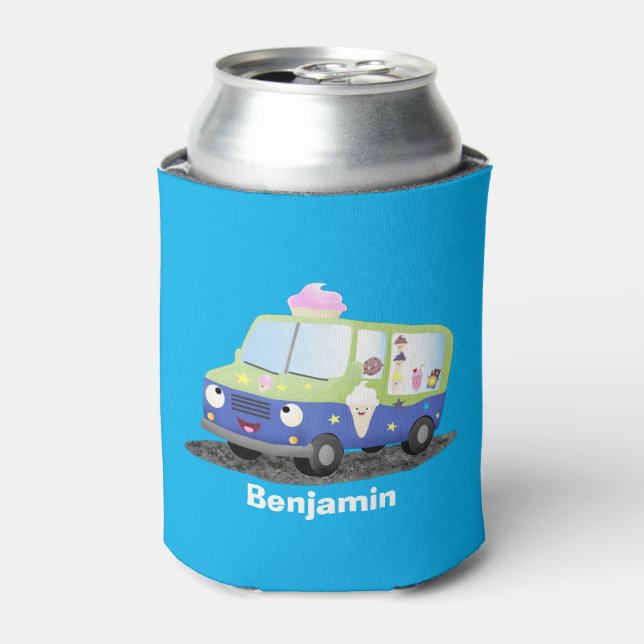 Cute happy ice cream truck cartoon can cooler (Can Front)