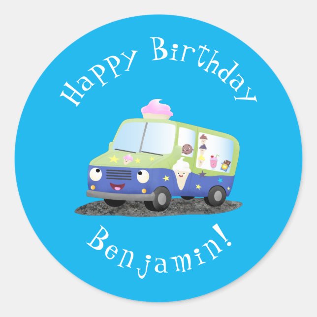 Cute happy ice cream truck cartoon classic round sticker (Front)
