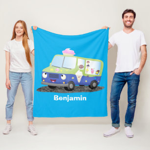 Cute happy ice cream truck cartoon fleece blanket