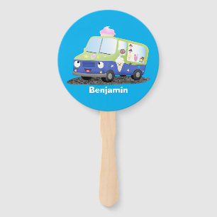 Cute happy ice cream truck cartoon hand fan
