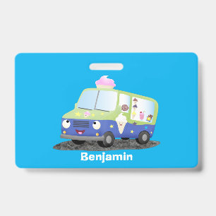 Cute happy ice cream truck cartoon ID badge