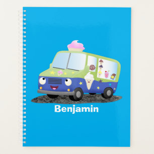 Cute happy ice cream truck cartoon planner