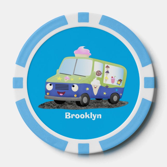 Cute happy ice cream truck cartoon poker chips (Front)