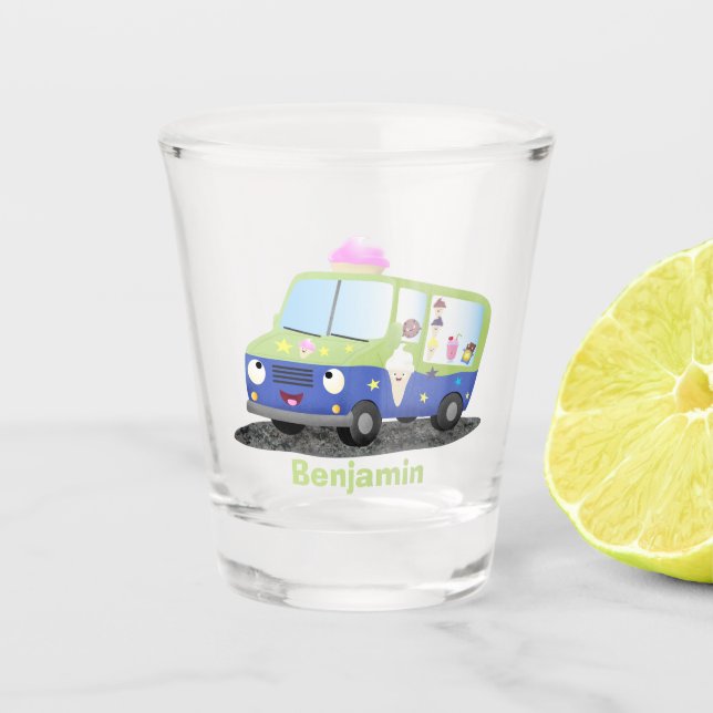 Cute happy ice cream truck cartoon  shot glass (Front)