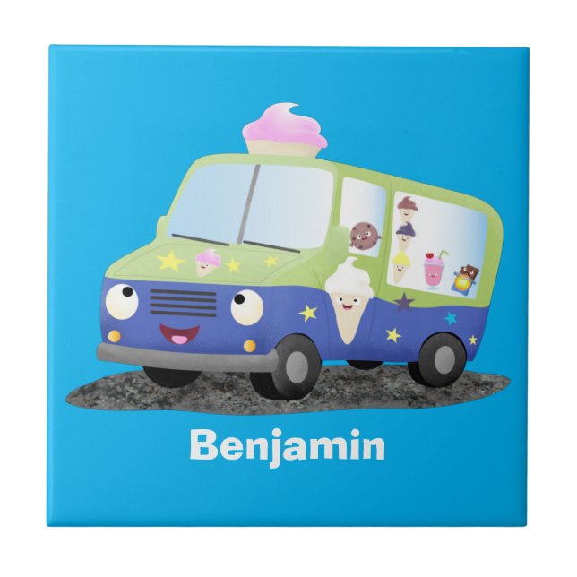 Cute happy ice cream truck cartoon tile (Front)