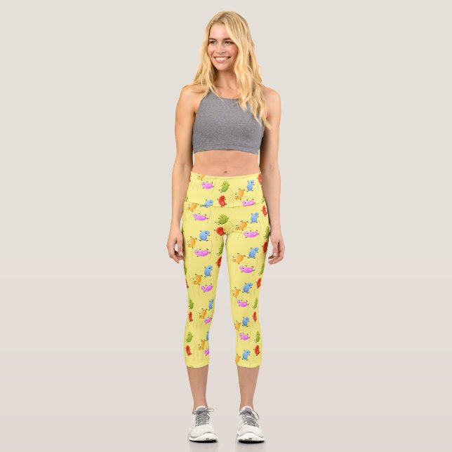 Cute happy jellybeans jumping cartoon illustration capri leggings (Front)