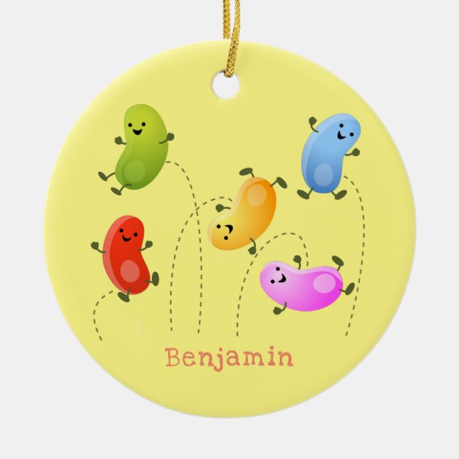 Cute happy jellybeans jumping cartoon illustration ceramic tree decoration (Front)
