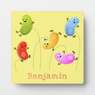 Cute happy jellybeans jumping cartoon illustration plaque