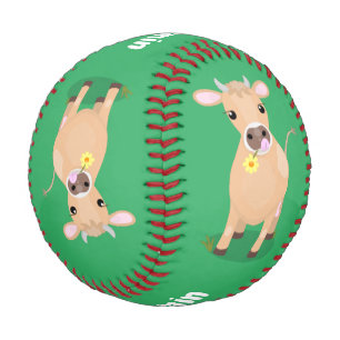 Cute happy jersey cow and flower cartoon baseball