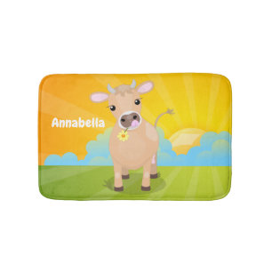 Cute happy jersey cow and flower cartoon bath mat