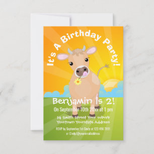 Cute happy jersey cow and flower cartoon birthday invitation