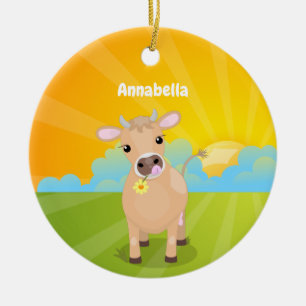 Cute happy jersey cow and flower cartoon ceramic tree decoration