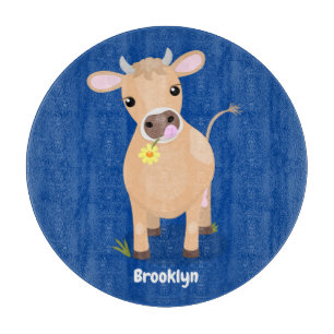Cute happy jersey cow and flower cartoon cutting board