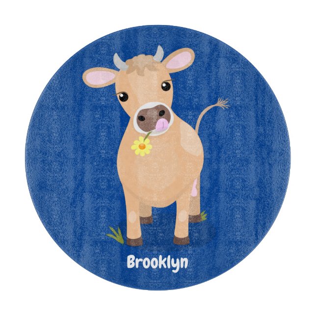 Cute happy jersey cow and flower cartoon cutting board (Front)