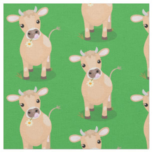 Cute happy jersey cow and flower cartoon fabric