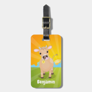 Cute happy jersey cow and flower cartoon luggage tag
