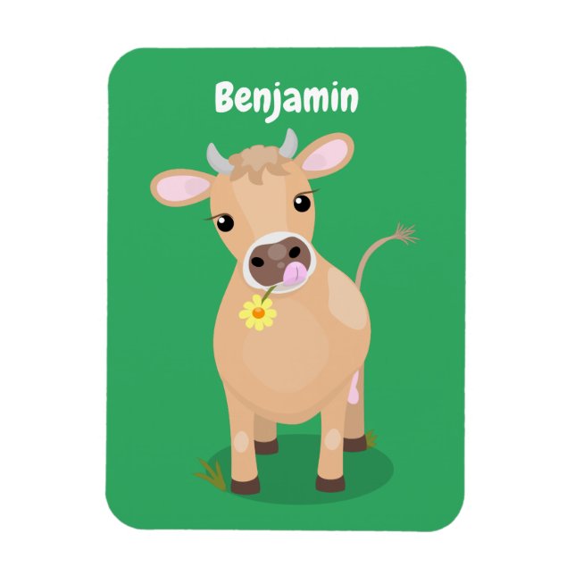 Cute happy jersey cow and flower cartoon magnet (Vertical)