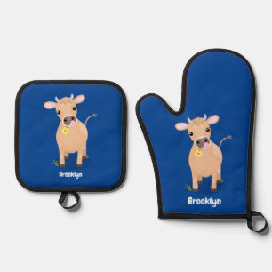 Cute happy jersey cow and flower cartoon oven mitt & pot holder set