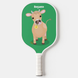 Cute happy jersey cow and flower cartoon pickleball paddle
